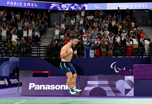 Charles Noakes of Frances celebrates after winning his match against Vitor Tavares of Brazil in the men's badminton singles SH6 semifinal in Paris, France on September 1, 2024. (Photo by Jennifer Lorenzini/Reuters)