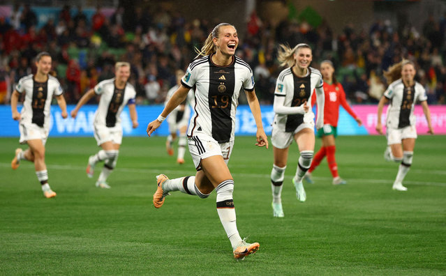 Klara Buehl of Germany celebrates after scoring her team's third goal during the FIFA Women's World Cup Australia & New Zealand 2023 Group H match between Germany and Morocco at Melbourne Rectangular Stadium on July 24, 2023 in Melbourne / Naarm, Australia. (Photo by Hannah Mckay/Reuters)