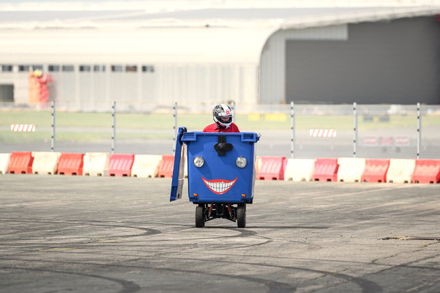 A motorised bin designed by Kevin Nicks is seen during the first day of the British Motor Showat Farnborough International Exhibition Centre on August 17, 2023 in Farnborough, England. The UK's premier family-friendly automotive extravaganza is back with its annual showcase, featuring supercar parades, stunt shows, live auctions, expert advice on sustainable motoring options, and giving speed enthusiasts the chance to test drive the latest models. (Photo by Leon Neal/Getty Images)