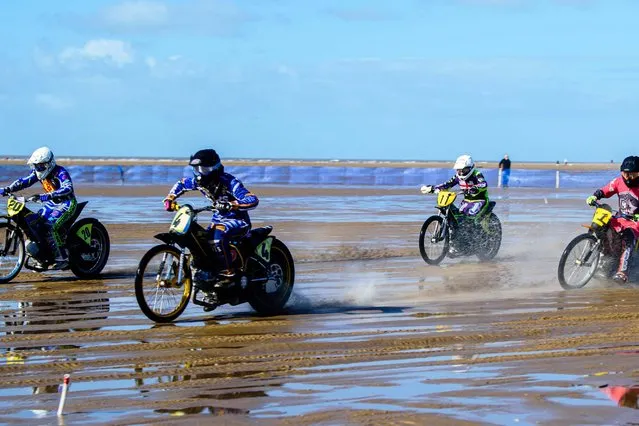 Thomas Jorgensen (4) inside Aaron Butcher (20) with Billy Reve (1) Paul Cooper (11) and Paul Bowen (67) chasing during the Fylde ACU British Sand Racing Masters Championship on Sunday 2nd October 2022. (Photo by Ian Charles/MI News)