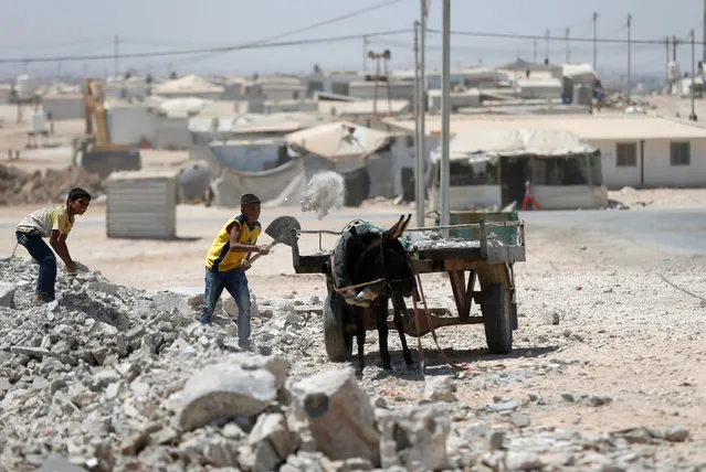 Syrian refugee Ahmad (R), 13, loads stones onto a donkey cart to be sold and used for paving at Al Zaatari refugee camp in the Jordanian city of Mafraq, near the border with Syria, August 18, 2016. (Photo by Muhammad Hamed/Reuters)