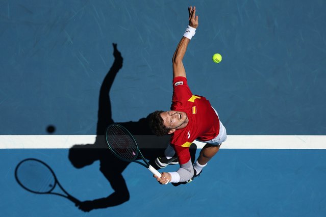 Pablo Carreno Busta of Team Spain serves in the Group C Men's singles match against Alexander Shevchenko of Team Kazakhstan during day one of the 2025 United Cup at RAC Arena on December 27, 2024 in Perth, Australia. (Photo by Paul Kane/Getty Images)