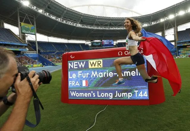2016 Rio Paralympics, Athletics, Women's Long Jump, T44 Final, Olympic Stadium, Rio de Janeiro, Brazil on September 9, 2016. Marie-Amelie le Fur of France celebrates after setting a new world record and winning the gold medal in the event. (Photo by Jason Cairnduff/Reuters)