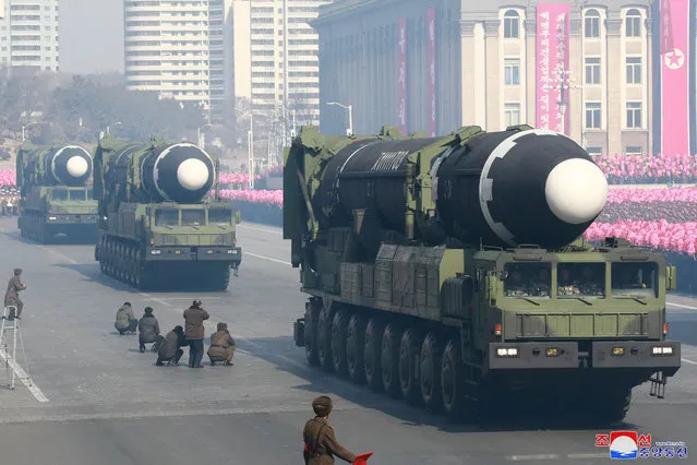 Intercontinental ballistic missiles are seen at a grand military parade celebrating the 70th founding anniversary of the Korean People's Army at the Kim Il Sung Square in Pyongyang, in this photo released by North Korea's Korean Central News Agency (KCNA) February 9, 2018. (Photo by Reuters/KCNA)