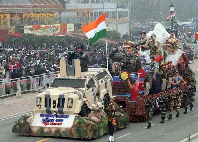 A float of the Central Reserve Police Force (CRPF) is displayed during the 74th Republic Day celebrations in New Delhi, India, 26 January 2023. (Photo by Hjarish Tyagi/EPA/EFE)