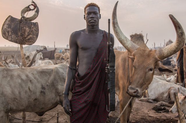 A Sudanese man from Dinka tribe poses with a rifle in the early morning at their cattle camp in Mingkaman, Lakes State, South Sudan on March 4, 2018. (Photo by  Stefanie Glinski/AFP Photo)