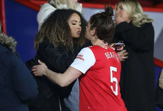 English television personality Amber Gill is seen here celebrating hugging & kissing with her girlfriend & Arsenal player Jen Beattie after Arsenal Women won The FA Women's Continental Tyres League Cup Final 2023 on March 5, 2023 in London. (Photo by CrystalPix/Click News and Media)