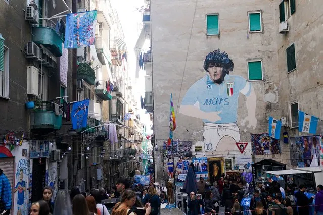 A mural of Diego Maradona in the Spanish Quarter of Naples, Italy on Wednesday, March 22, 2023. England start their Euro 2024 qualifying campaign against Italy in Naples this evening. (Photo by Adam Davy/PA Images via Getty Images)