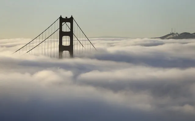Fog blankets the south tower of the Golden Gate Bridge Friday, October 21, 2016, in San Francisco. (Photo by Eric Risberg/AP Photo)