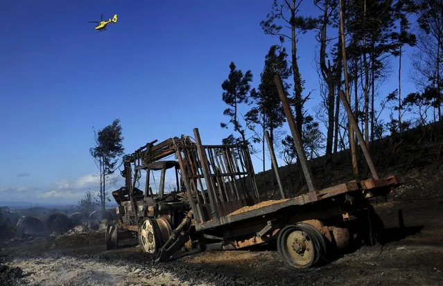 An emergency services helicopter flies over a burnt out area devastated by a forest fire in La Caridad, northern Spain, December 20, 2015. (Photo by Eloy Alonso/Reuters)