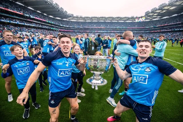 Dublin's David Byrne and Lee Gannon celebrate their win against Kerry during the All-Ireland football final in Croke Park, Dublin, Ireland on July 30, 2023. (Photo by Evan Treacy/Inpho)