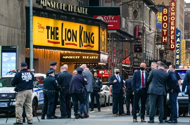 Police officers are seen in Times Square on May 8, 2021 in New York City. According to reports, three people, including a toddler, were injured in a shooting near West 44th St. and 7th Ave. (Photo by David Dee Delgado/Getty Images)