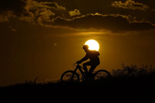 A cyclist tops a hill at sunset, Sunday, August 20, 2023, in San Antonio, where temperatures continue to hit the triple digit mark. (Photo by Eric Gay/AP Photo)