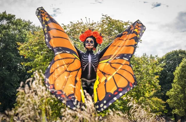 Performer Viridiana Mayte Arica Rico from Banda Monumental De Mexico who are part of this year's Royal Edinburgh Military Tattoo cast, displays her Monarch butterfly costume in Princes Street Gardens, Edinburgh on Thursday, August 25, 2022, ahead of the final weekend of this year's show, Voices. (Photo by Jane Barlow/PA Images via Getty Images)