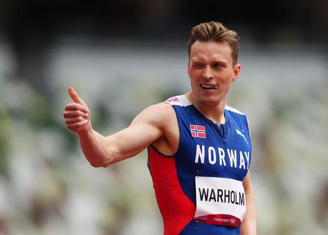 Karsten Warholm of Team Norway reacts after competing during round one of the Men's 400m hurdles heats on day seven of the Tokyo 2020 Olympic Games at Olympic Stadium on July 30, 2021 in Tokyo, Japan. (Photo by Aleksandra Szmigiel/Reuters)