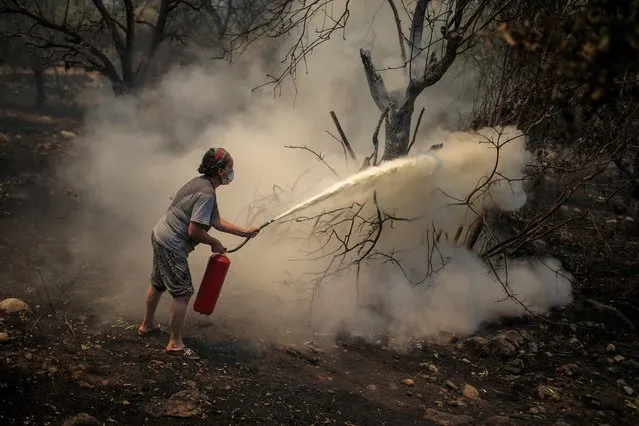 A woman uses a fire extinguisher to save a burning tree in Cokertme village, near Bodrum, Mugla, Turkey, Tuesday, August 3, 2021. As fire crews' pressed ahead with their weeklong battle against blazes tearing through forests and settlements on Turkey's southern coast on Tuesday, President Recep Tayyip Erdogan's government faced increased criticism over its apparent poor response and inadequate preparedness for large-scale wildfires. (Photo by Emre Tazegul/AP Photo)