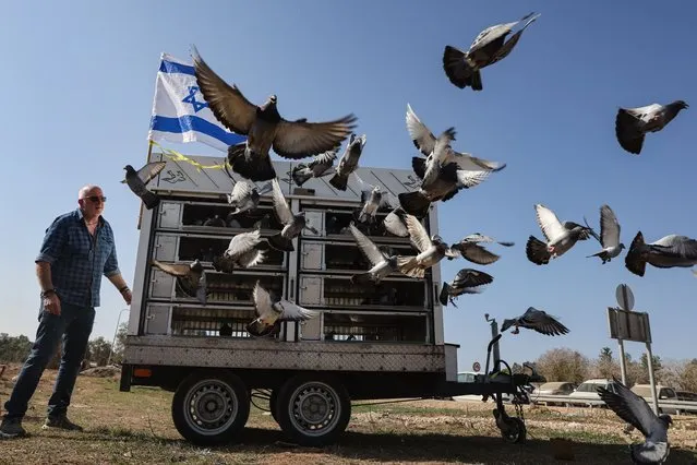 Ori Rosner, the head of the Israel racing pigeons club, releases 140 pigeons to represent the Israeli hostages still held by Hamas in Gaza in the southern Israeli Kibbutz of Beeri along the Israel-Gaza border, on December 4, 2023. Israel has expanded its ground war on Hamas into the south of Gaza, witnesses said on December 4, despite global concern over mounting civilian deaths and fears the conflict will spread elsewhere in the Middle East. (Photo by Jack Guez/AFP Photo)