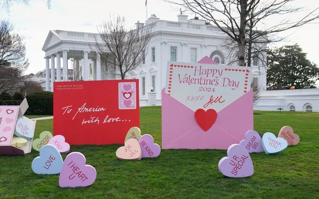 Valentine’s Day decorations adorn the lawn at the White House in Washington, U.S., February 14,  2024. (Photo by Kevin Lamarque/Reuters)