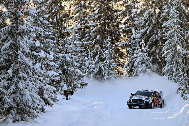 Gregoire Munster of Luxembourg and Louis Louka of Belgium compete driving the M-Sport Ford WRT Ford Puma Rally1 Hybrid during Day Three of the FIA World Rally Championship Sweden on February 17, 2024 in Umea, Sweden. (Photo by Massimo Bettiol/Getty Images)