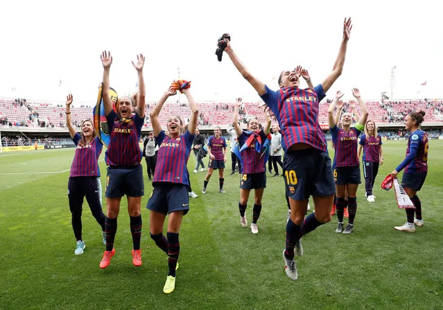 Barcelona players celebrate after the UEFA Champions League Women match between FC Barcelona v Bayern Munchen at the Mini Estadi Barcelona on April 28, 2019 in Barcelona, Spain. (Photo by Albert Gea/Reuters)