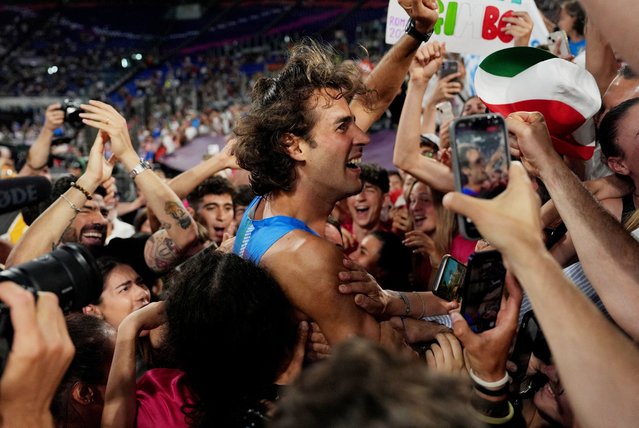 Italy's Gianmarco Tamberi celebrates after winning the men's high jump final at the European Athletics Championships, at Stadio Olimpico, Rome on June 11, 2024. (Photo by Aleksandra Szmigiel/Reuters)