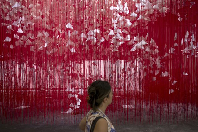 The artwork The Extended Line (2023-2024) by Japanese artist Chiharu Shiota at the Art Unlimited exhibition, part of the international art fair Art Basel, in Basel, Switzerland, Monday, June 10, 2024. (Photo by Georgios Kefalas/Keystone via AP Photo)