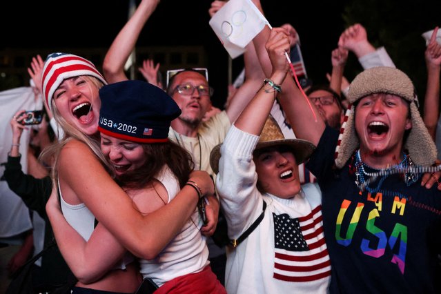 People celebrate the announcement, as Salt Lake City is officially awarded the rights to host the 2034 Winter Olympic and Paralympic Games, in Salt Lake City, Utah, U.S., July 24, 2024. (Photo by Jim Urquhart/Reuters)