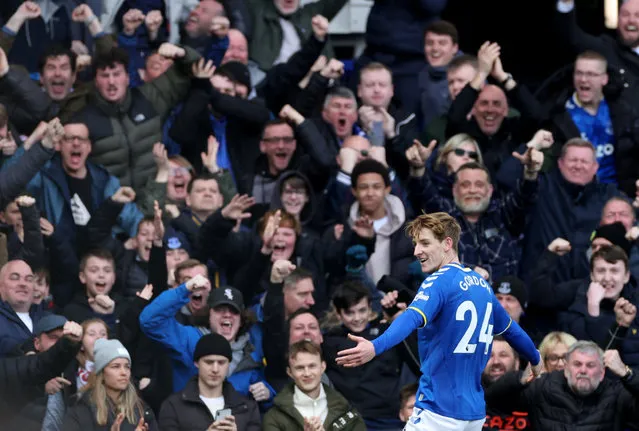 Anthony Gordon celebrates scoring the openng goal for Everton against Manchester United at Goodison Park, Liverpool, United Kingdom on April 9, 2022. (Photo by Phil Noble/Reuters)