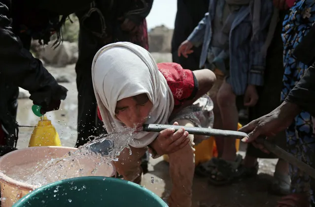 A girl drinks water from a well that is allegedly contaminated with cholera bacteria, on the outskirts of Sanaa, Yemen, Wednesday, July 12, 2017. The U.N. health agency said Tuesday that plans to ship cholera vaccine to Yemen are likely to be shelved over security, access and logistical challenges in the war-torn country. Yemen's suspected cholera caseload has surged past 313,000, causing over 1,700 deaths in the world's largest outbreak. (Photo by Hani Mohammed/AP Photo)