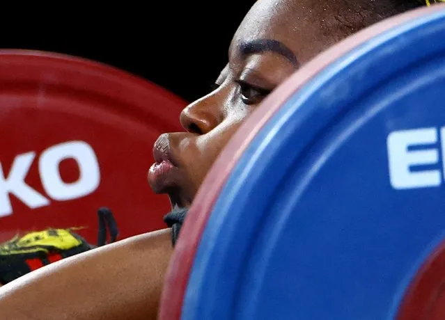 Cameroon's Jeanne Gaelle Eyenga Mboosi in action during the final in Women's 76kg Weightlifting at the Commonwealth Games in Birmingham, Britain on August 2, 2022. (Photo by Hannah Mckay/Reuters)