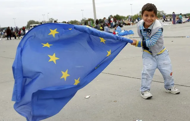 A young migrant child plays with a European Union flag after crossing the Austrian border in Nickelsdorf September 5, 2015. (Photo by Laszlo Balogh/Reuters)