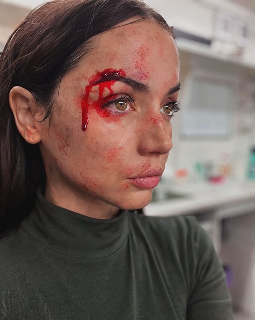 Cuban-Spanish actress Ana de Armas shows off some blood behind the scenes of “Ballerina” on May 13, 2025. (Photo by ana_d_armas/Instagram)