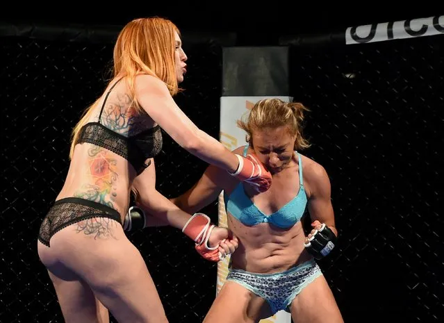 Fighters Jolene “The Valkyrie” Hexx (L) and Andreea “The Storm” Vladoi compete during “Lingerie Fighting Championships 21: Naughty 'n Nice” at the Robinson Rancheria Resort & Casino on June 18, 2016 in Nice, California. The bout ended in a draw. (Photo by Ethan Miller/Getty Images for LFC)