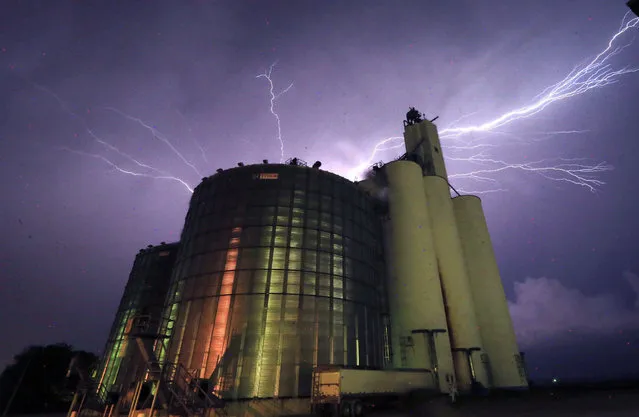Lightning from a severe storm fills the sky behind a grain elevator in Belvue, Kan., Wednesday, May 25, 2016. The storm produced tornadoes near Chapman, Kan. (Photo by Orlin Wagner/AP Photo)
