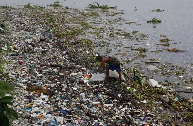 A resident collects recyclable materials from debris along the shore in Manila bay after Typhoon Sarika slammed central and northern Philippines, October 16, 2016. (Photo by Erik De Castro/Reuters)