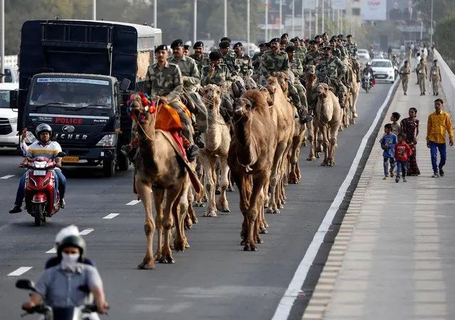 Border Security Force (BSF) soldiers ride their camels as they take part in a rehearsal for a road show ahead of the visit of U.S. President Donald Trump, in Ahmedabad, India, February 21, 2020. (Photo by Amit Dave/Reuters)
