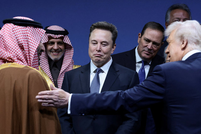 U.S. President Donald Trump,  Crown Prince and Prime Minister Mohammed bin Salman of Saudi Arabia and Elon Musk interact during the U.S.-Saudi Investment Forum in Washington, D.C., U.S., November 19, 2025. (Photo by Evelyn Hockstein/Reuters)