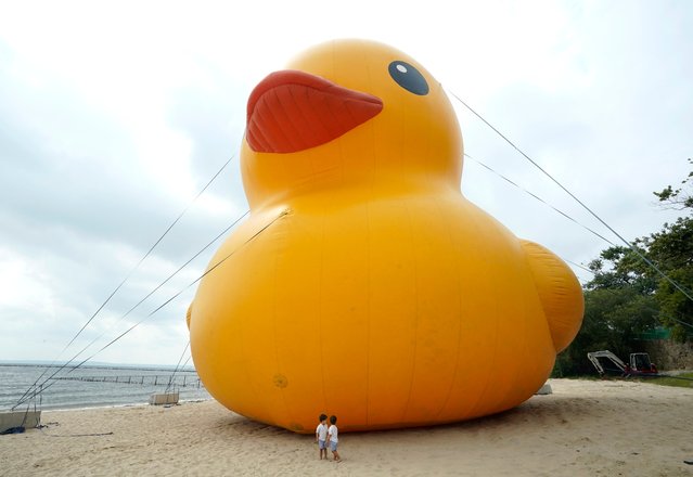 Children stand alongside the “World's Largest Rubber Duck” at Rye Playland Beach in Rye, New York, on August 17, 2024. The 61-foot-tall (19-meter) duck, named “Mama Duck”, is spending the weekend at the beach to celebrate the Second Annual Duck Days of Summer. (Photo by Timothy A. Clary/AFP Photo)