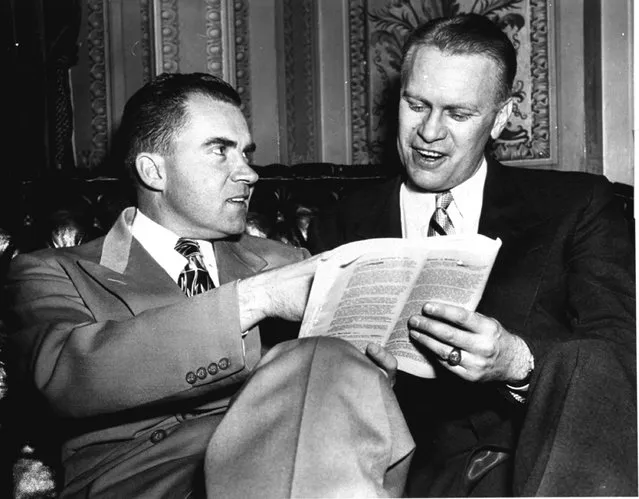 Sen. Richard Nixon, R-CA, left, and Rep. Gerald R. Ford, Jr., pose January 23, 1951, after a talk in the Senator's office. (Photo by AP Photo)