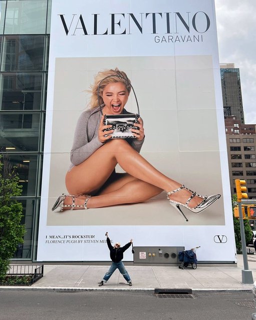 English actress Florence Pugh celebrates her massive Valentino billboards in NYC in the second decade of May 2023. (Photo by florencepugh/Instagram)