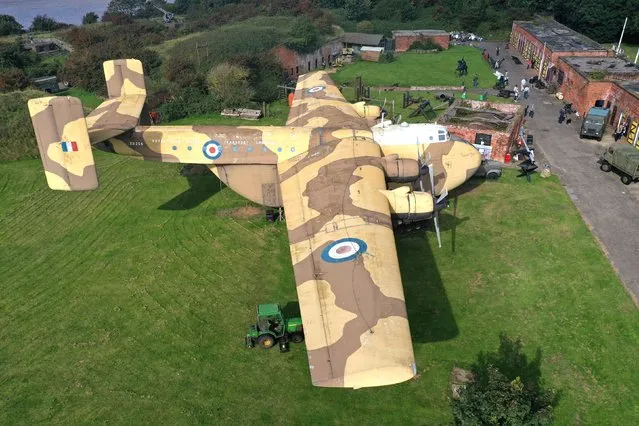 Aerial view of the only remaining RAF XB259 Blackburn Beverley C1 heavy transport plane during a preview for the auction of the contents of the Fort Paull Museum, a Napoleonic fort in Holderness, East Yorkshire, which closed earlier this year, on September 17, 2020. (Photo by Owen Humphreys/PA Images via Getty Images)