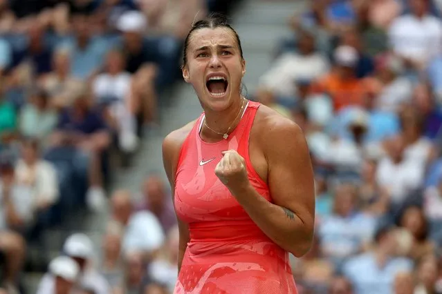 Aryna Sabalenka of Belarus celebrates a point against Qinwen Zheng of China during their Women's Singles Quarterfinal match on Day Ten of the 2023 US Open at the USTA Billie Jean King National Tennis Center on September 06, 2023 in the Flushing neighborhood of the Queens borough of New York City. (Photo by Al Bello/Getty Images/AFP Photo)