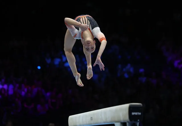 Netherland's Sanne Wevers competes on the Balance Beam in the Women's Team Final during the 52nd FIG Artistic Gymnastics World Championships, in Antwerp, northern Belgium, on October 4, 2023. (Photo by Yves Herman/Reuters)