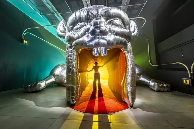Surrender by Jenkin Van Zyl, a surreal installation at Fact Liverpool on November 16, 2023 featuring film and sculptural works inside a large inflatable silver rat. (Photo by James Glossop/The Times)