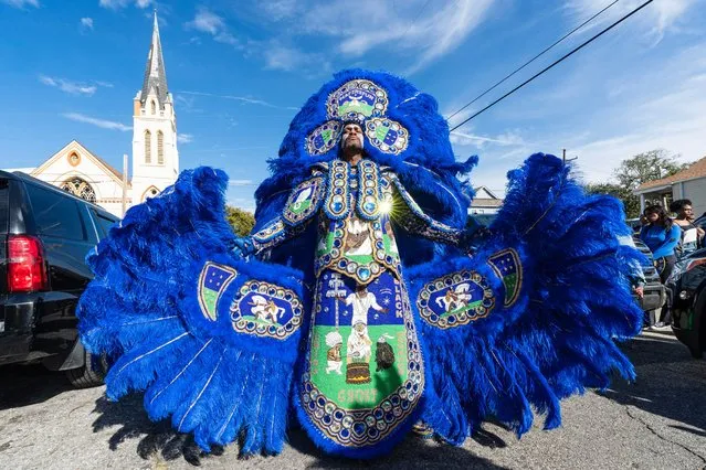 Third Chief Ghost of the Black Hawks Mardi Gras Indians is seen at 2nd and Dryades Street during 2024 Mardi Gras on February 13, 2024 in New Orleans, Louisiana. (Photo by Erika Goldring/Getty Images)