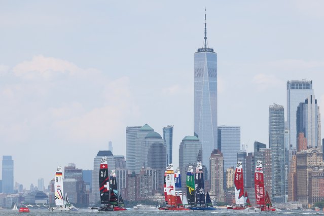 A general view of a race in front of One World Trade Center during day two of competition of SailGP New York on June 23, 2024 in New York City. (Photo by Luke Hales/Getty Images)