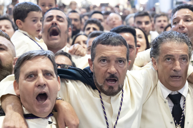 Spanish actor Antonio Banderas attends the Maria Santisima de Lagrimas y Favores procession at San Juan Bautista church during Holy Week celebrations on April 02, 2023 in Malaga, Spain. (Photo by Daniel Perez/Getty Images)