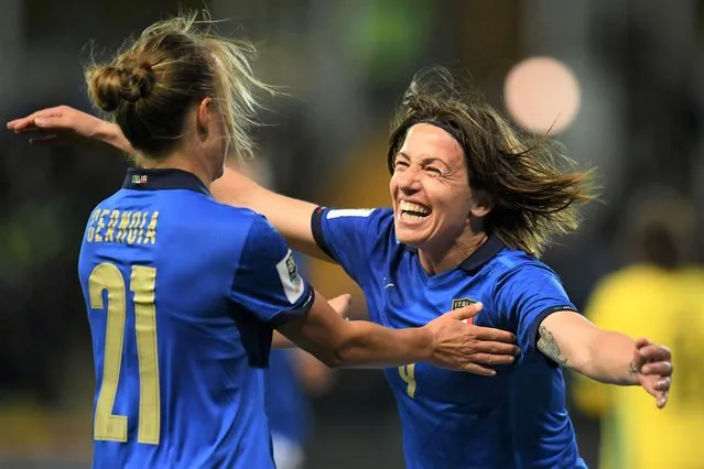 Daniela Sabatino of Italy and Valentina Cernoia of Italy celebrates after scoring their team's fifth goal during the FIFA Women's World Cup 2023 Qualifier group G match between Italy and Lithuania at Stadio Ennio Tardini on April 8, 2022 in Parma, Italy. (Photo by Alessandro Sabattini/Getty Images)