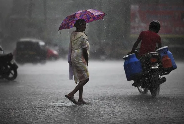 An Indian woman walks holding an umbrella during monsoon rains in Jammu, India, Tuesday, July 21, 2015. India receives the annual monsoon rains from June to September. (Photo by Channi Anand/AP Photo)