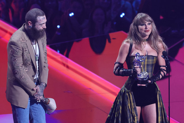 Taylor Swift and Post Malone accept the award for Best Collaboration for Fortnight during the 2024 MTV Video Music Awards in Elmont, New York, U.S., September 11, 2024. (Photo by Brendan Mcdermid/Reuters)